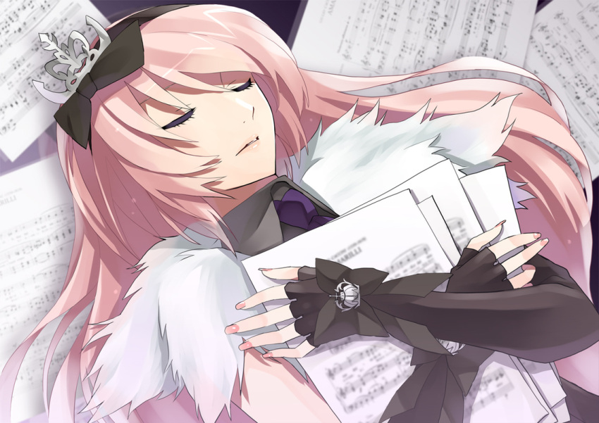 2_sing_4_u_(vocaloid), bow, closed_eyes, fingerless_gloves, gloves, hair_bow, hair_ornament, hair_ribbon, hijikini, long_hair, lying, megurine_luka, nail_polish, on_back, pink_hair, ribbon, sheet_music, solo, vocaloid