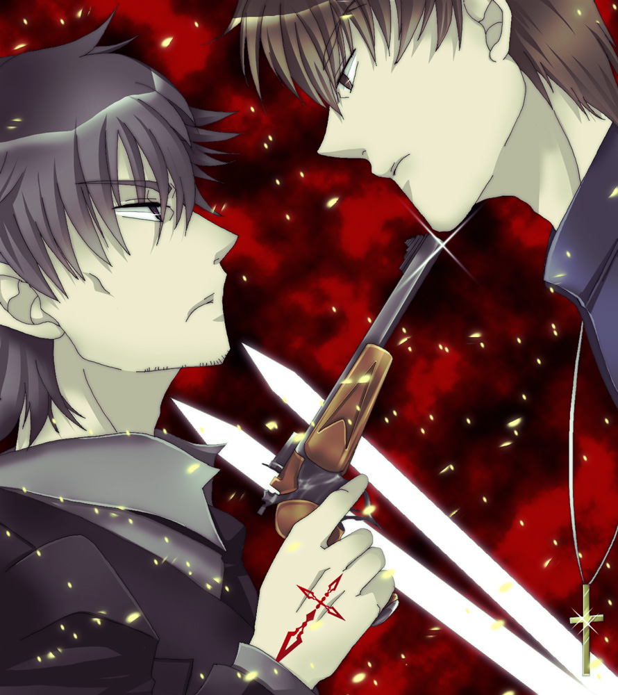 black_hair, black_key, black_keys, brown_eyes, brown_hair, command_spell, emiya_kiritsugu, facial_hair