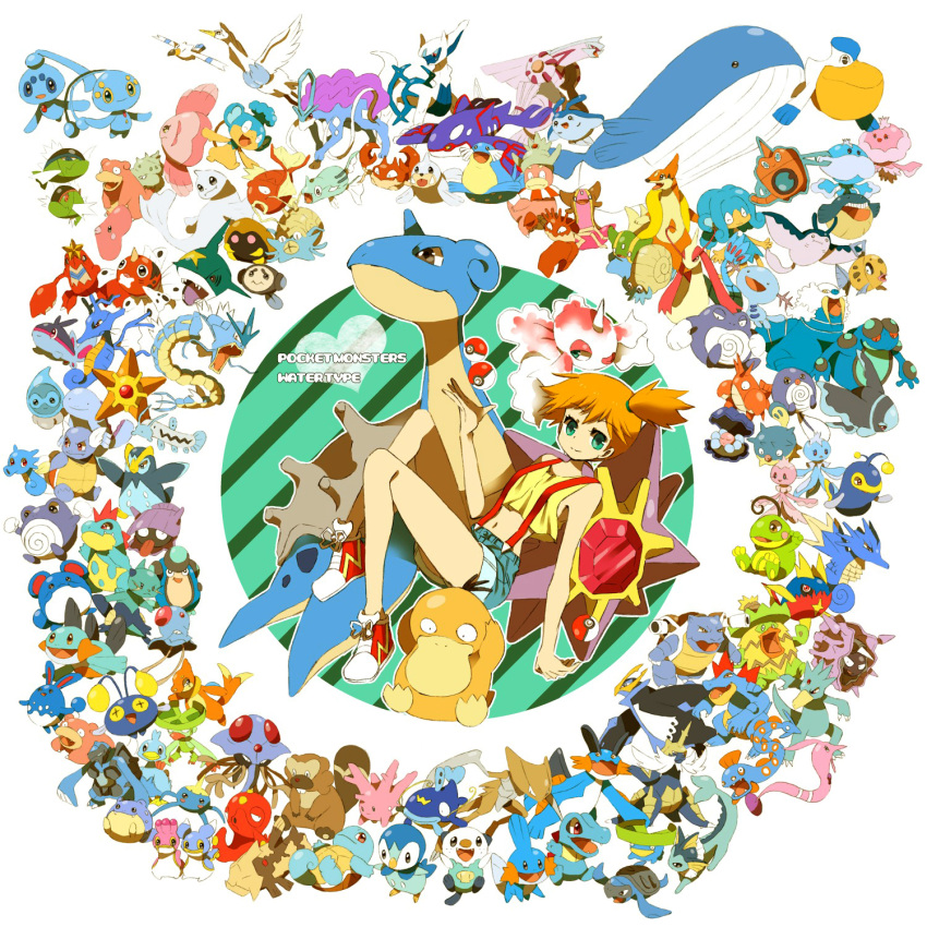 1girl, absolutely_everyone, alomomola, alternate_color, aqua_eyes, arceus, azumarill, bad_id, barboach, basculin, bibarel, blastoise, buizel, carracosta, carvanha, castform, chinchou, clamperl, cloyster, corphish, corsola, crawdaunt, croconaw, denim, denim_shorts, dewgong, dewott, ducklett, empoleon, everyone, feebas, feraligatr, finneon, floatzel, frillish, gastrodon, goldeen, golduck, gorebyss, gyarados, highres, horsea, huntail, jellicent, kabuto_(pokemon), kabutops, kasumi_(pokemon), kingdra, kingler, krabby, kyogre, lanturn, lapras, lombre, lotad, ludicolo, lumineon, luvdisc, magikarp, manaphy, mantine, mantyke, marill, marshtomp, midriff, milotic, mochi730, mudkip, navel, octillery, omanyte, omastar, orange_hair, oshawott, palkia, palpitoad, panpour, pelipper, phione, piplup, poke_ball, pokemon, pokemon_(anime), pokemon_(creature), politoed, poliwag, poliwhirl, poliwrath, prinplup, psyduck, quagsire, qwilfish, relicanth, remoraid, rotom, samurott, seadra, seaking, sealeo, seel, seismitoad, sharpedo, shellder, shellos, shorts, side_ponytail, simipour, site_ponytail, slowbro, slowking, slowpoke, spheal, squirtle, starmie, staryu, suicune, surskit, suspenders, swampert, swanna, tentacool, tentacruel, throwing_poke_ball, tirtouga, title_drop, totodile, tympole, vaporeon, wailmer, wailord, walrein, wartortle, water, whiscash, wingull, wooper