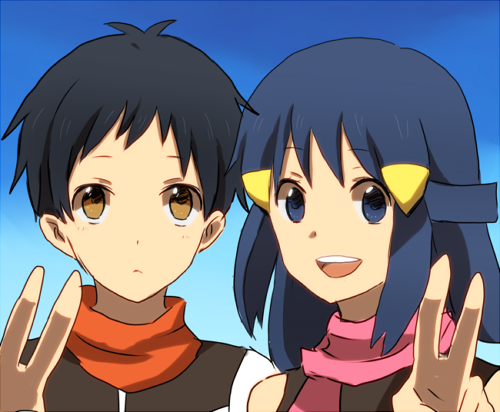 1boy, 1girl, :d, black_hair, blue_eyes, blue_hair, brown_eyes, chiasa_(kirakirakira)