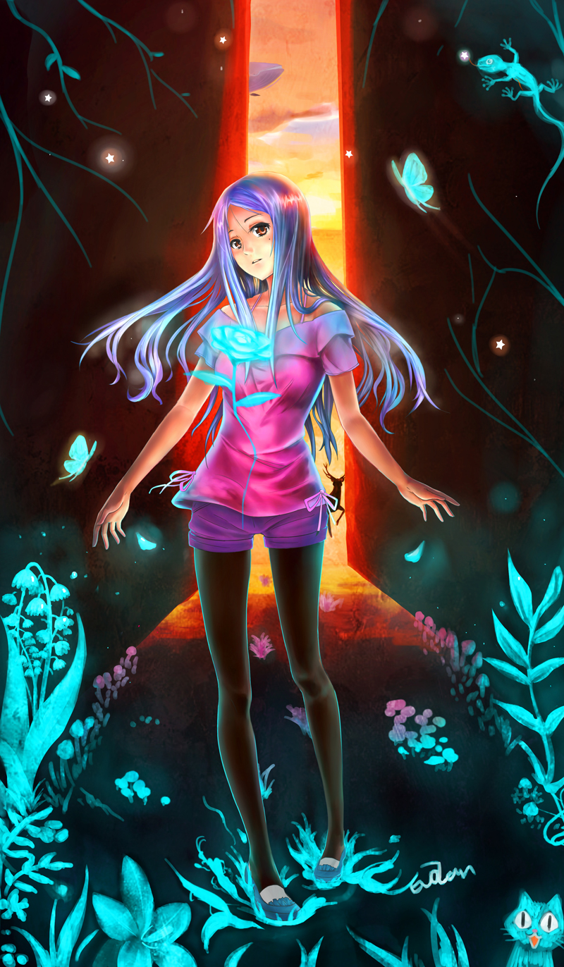 :3, animal, bare_shoulders, black_legwear, butterfly, cat, evolan, glowing