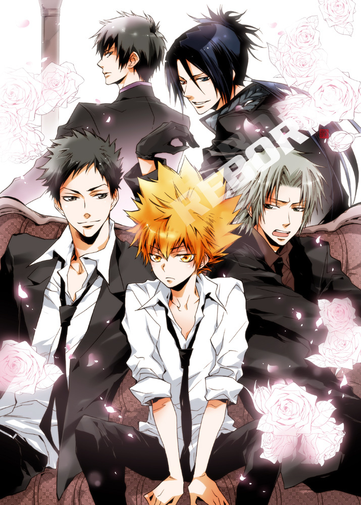black_gloves, black_hair, brown_hair, flower, gloves, gokudera_hayato, grey_hair, heterochromia, hibari_kyouya, katekyo_hitman_reborn, katekyo_hitman_reborn!, multiple_boys, necktie, norita_maaya, rokudou_mukuro, rose, sawada_tsunayoshi, sitting, white_rose, yamamoto_takeshi, yellow_eyes