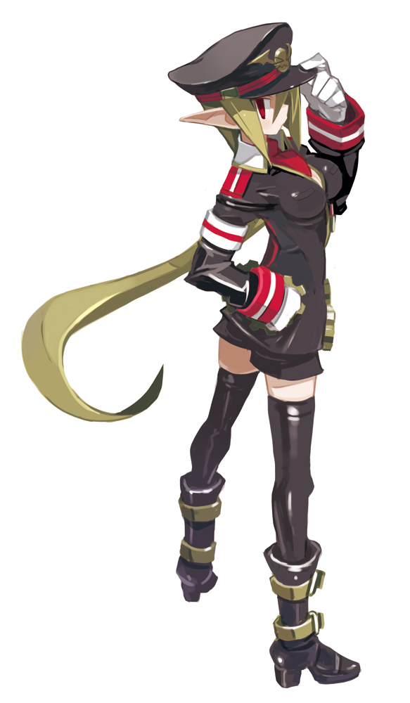 adjusting_hat, black_legwear, blonde_hair, boots, breasts, disgaea, gloves, hand_on_hip