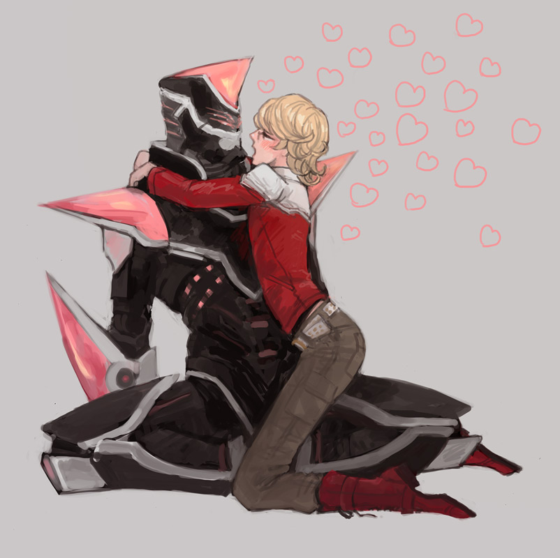 android, barnaby_brooks_jr, belt, blonde_hair, blush, boots, glasses, h-01, heart, hhaida, hug, jacket, male, multiple_boys, power_armor, power_suit, red_jacket, robot, simple_background, sitting, studded_belt, tiger_&amp;_bunny, yaoi