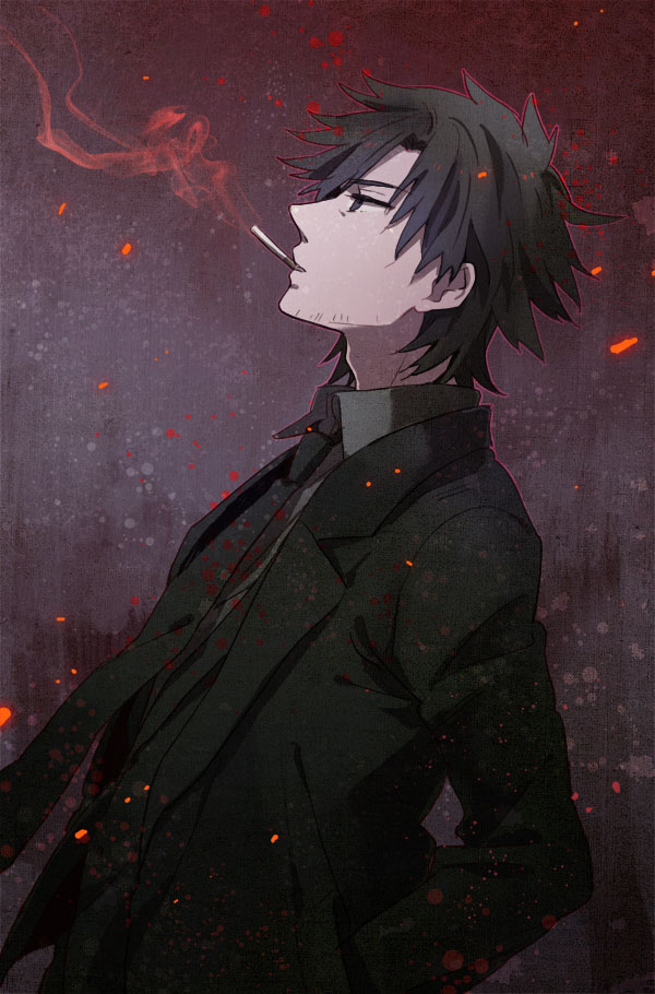black_hair, cigarette, emiya_kiritsugu, facial_hair, fate/stay_night, fate/zero, fate_(series), formal