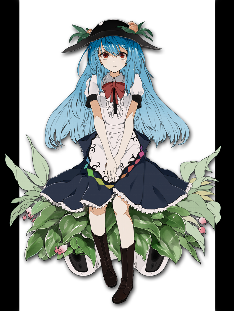 blue_hair, boots, dress, flower, food, fruit, hat, hinanawi_tenshi