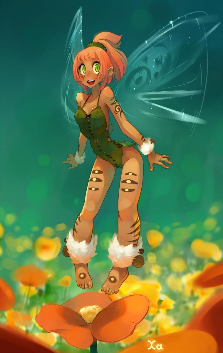 barefoot, butterfly_wings, dark_skin, fairy, fairy_wings, feet, female, flower, flying, green_eyes, highres, leaf_clothing, leaves, minigirl, open_mouth, orange_hair, original, plant, ponytail, short_hair, solo, tanned, tattoo, teeth, wings, xa, xavier_houssin
