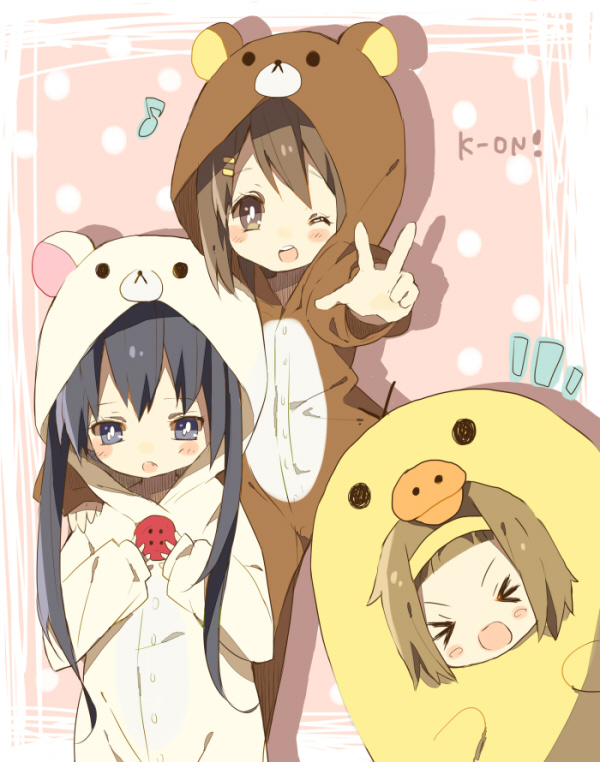>_<, animal_costume, bear, bear_costume, bird, black_hair, brown_eyes, brown_hair