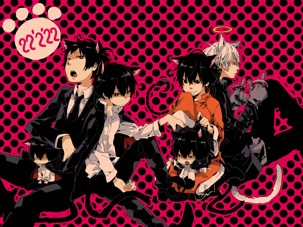 animal_ears, black_hair, braid, cat_ears, cat_tail, chibi, cuffs, fon_(reborn)