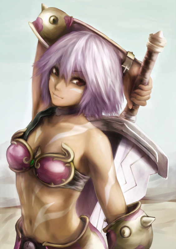 .hack, .hack//games, 1girl, arm_behind_head, black_rose_(.hack//), bodypaint, dark_skin, facial_hair, huge_weapon, lavender_hair, light_smile, navel, purple_hair, red_eyes, short_hair, smile, solo, sword, tattoo, vambraces, weapon, yosa