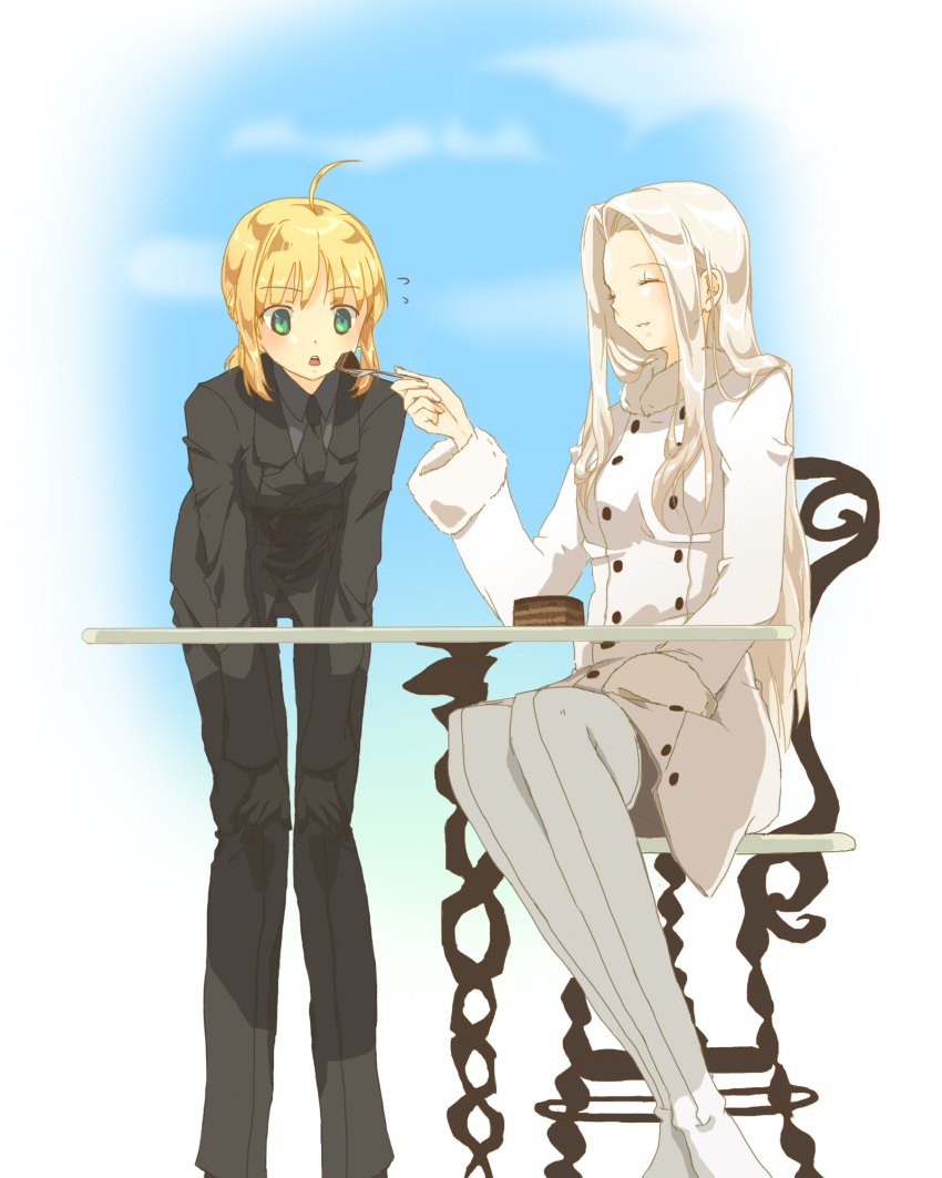 ^_^, ahoge, black_gloves, blonde_hair, boots, cake, closed_eyes, eyes_closed, fate/stay_night, fate/zero, fate_(series), feeding, food, gloves, highres, irisviel_von_einzbern, multiple_girls, necktie, pantyhose, ponytail, saber, thigh_boots, thighhighs, txa118, white_hair
