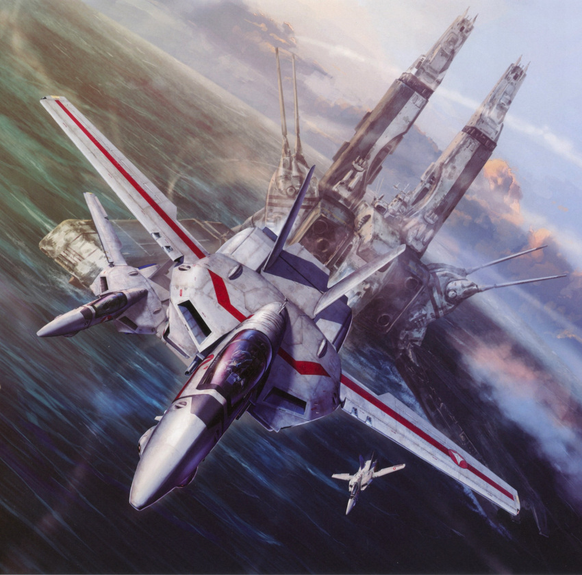 absurdres, airplane, choujikuu_yousai_macross, cloud, cockpit, condensation_trail, contrail, daedalus