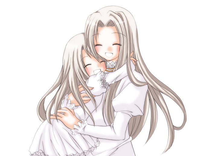 age_difference, dress, fate/stay_night, fate/zero, fate_(series), hug, illyasviel_von_einzbern, irisviel_von_einzbern, long_hair, mother_and_daughter, multiple_girls, wakamest, white_hair