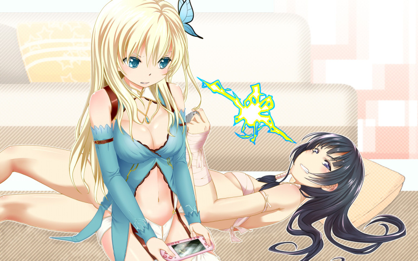 2girls, bad_id, bandage, bandages, bare_shoulders, black_eyes, black_hair, blonde_hair