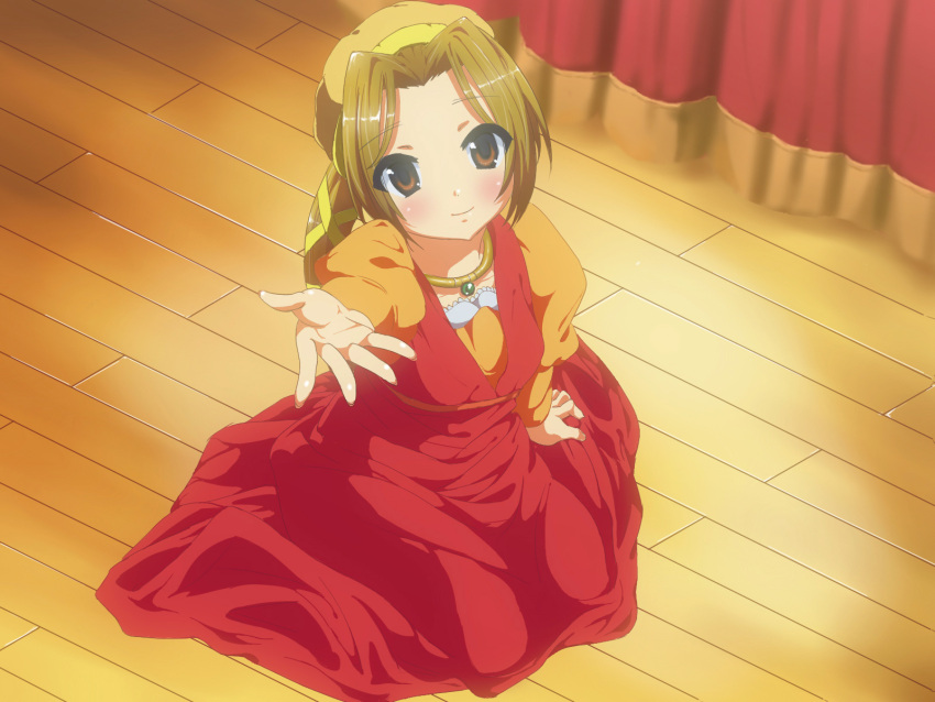 alternate_hairstyle, brown_eyes, brown_hair, curtains, dress, face, girock, hair_ribbon