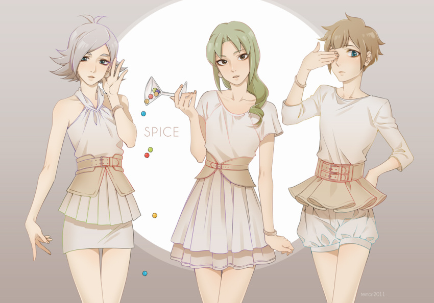 androgynous, bare_shoulders, blue_eyes, bracelet, brown_eyes, brown_hair, candy, collarbone