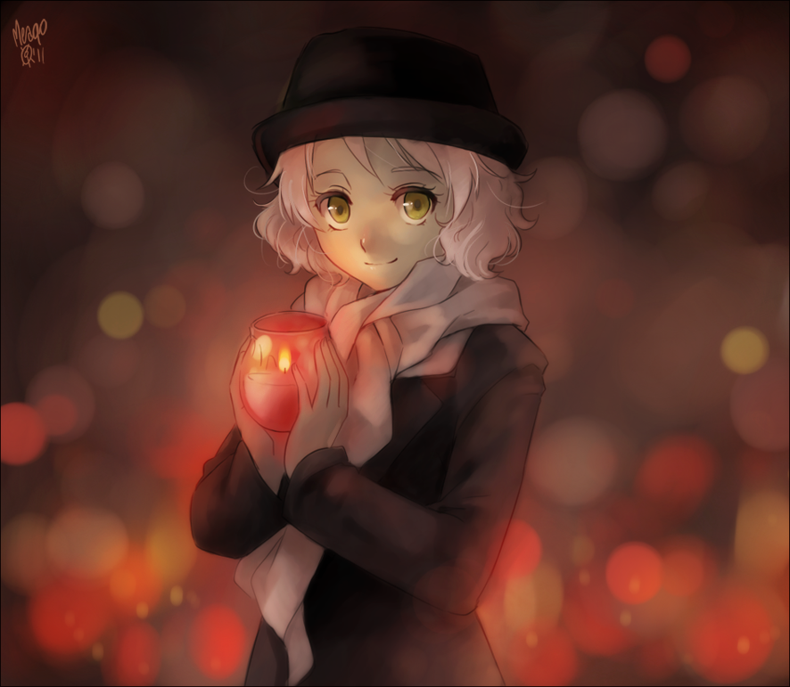 candle, emily_(meago), green_eyes, hat, light_smile, long_sleeves, meago, original
