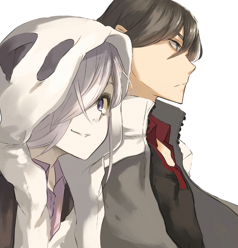 hair_over_one_eye, inga, jonasan, panda_hat, purple_eyes, purple_hair, short_hair, smile
