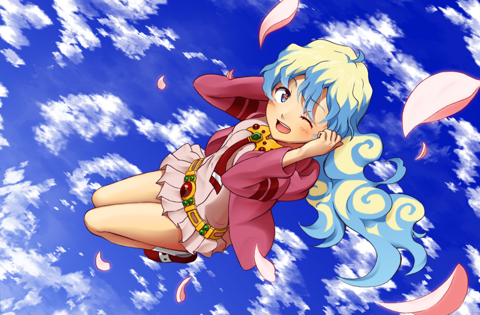 1girl, belt, blush, cloud, happy, isshin, long_hair, multicolored_hair