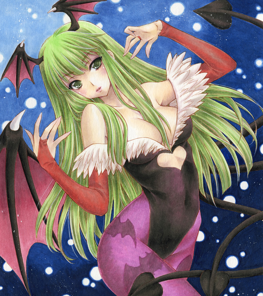 bare_shoulders, bat_wings, blush, breasts, capcom, cleavage, demon_girl, elbow_gloves