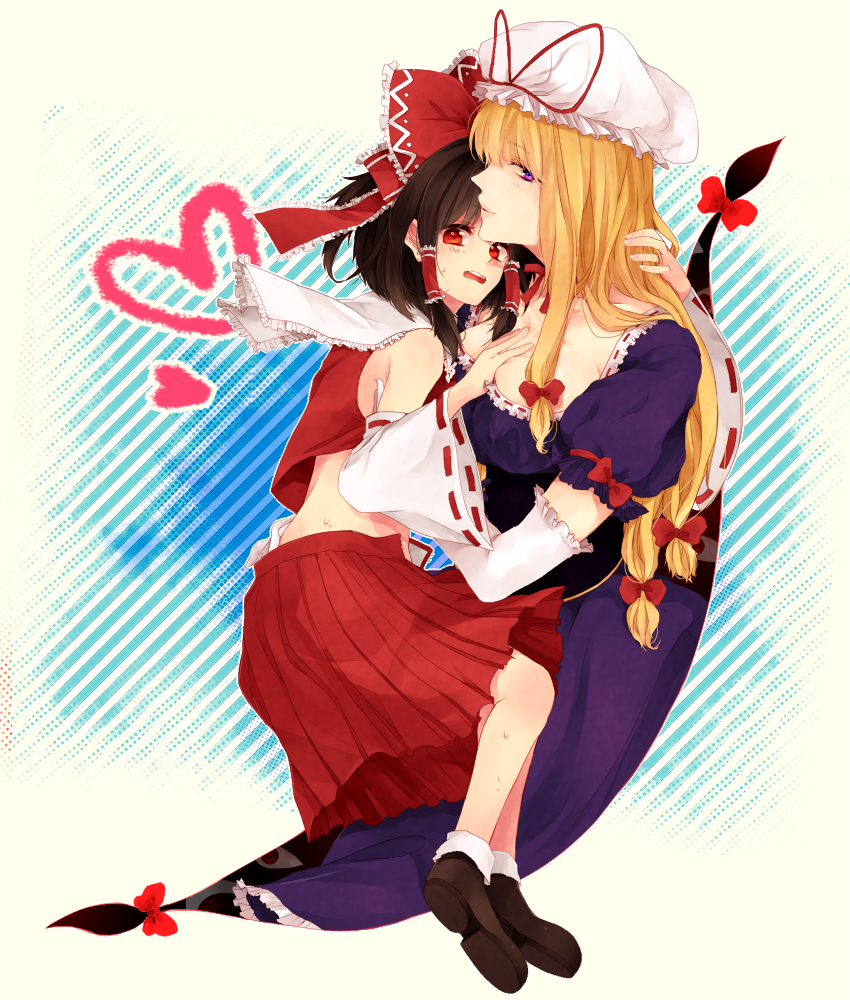 bad_id, bare_shoulders, blonde_hair, blush, bow, breasts, brown_hair, cleavage