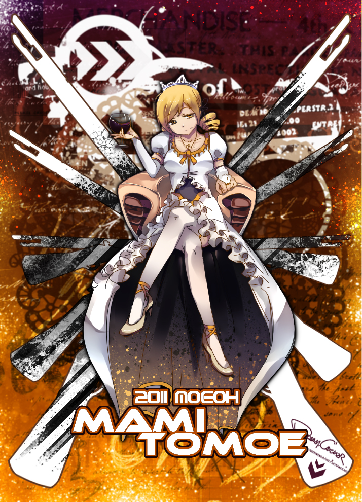 alternate_costume, blonde_hair, breasts, bridal_gauntlets, crossed_legs, crown, dreamcatcher, dress