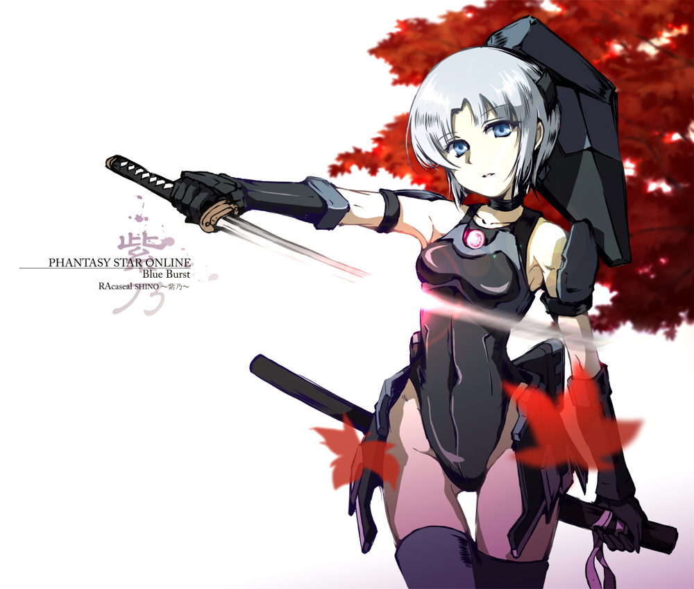 android, armor, bare_shoulders, black_legwear, blue_eyes, choker, elbow_gloves, gloves, hair_ornament, katana, leaf, leotard, maple_leaf, phantasy_star, phantasy_star_online, racaseal, satomurakyo, sheath, shino_(phantasy_star_online), short_hair, silver_hair, solo, sword, thigh-highs, thighhighs, unsheathing, weapon