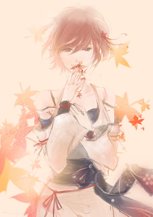 alternate_costume, amairo, bare_shoulders, brown_eyes, brown_hair, covering, covering_face, covering_mouth, detached_sleeves, hair_ornament, japanese_clothes, jewelry, kimono, leaf, looking_at_viewer, maple_leaf, meiko, necklace, orange_(color), ribbon, sash, short_hair, smile, solo, tsugai_kogarashi_(vocaloid), vocaloid