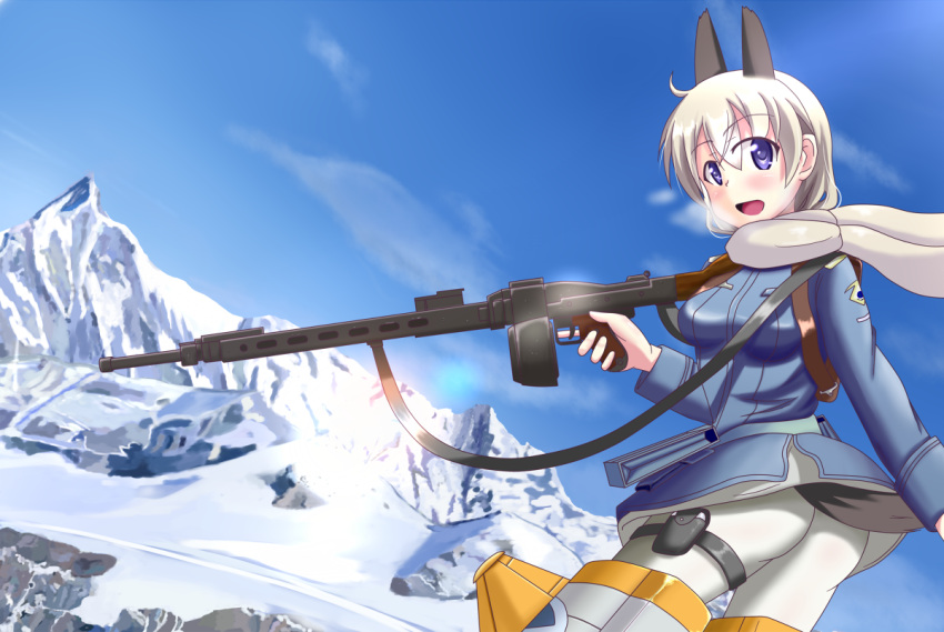 animal_ears, ass, backpack, bad_id, bag, blue_eyes, blush, drum_magazine