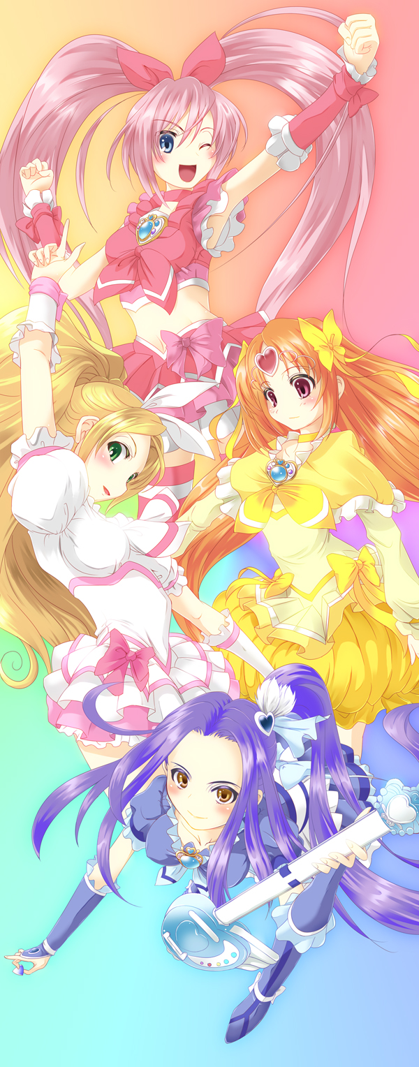 4girls, ;d, armpits, blonde_hair, blue_eyes, bow, breasts, brooch
