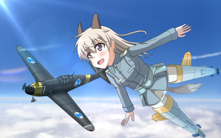 airplane, animal_ears, bad_id, belt, bf_109, blue_eyes, blush, cloud