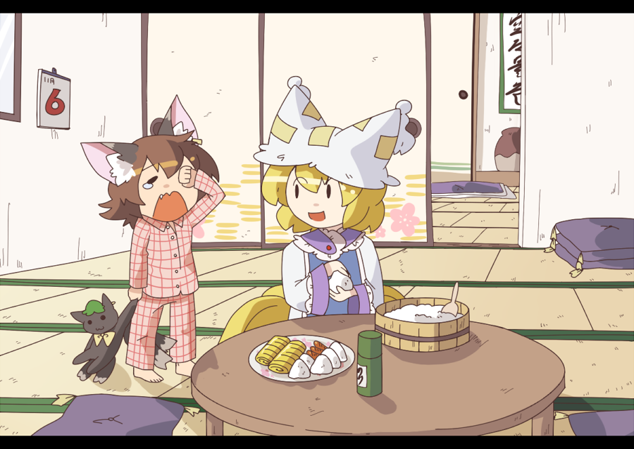 chen, fang, food, kuzugitsune_(inarikami), multiple_girls, no_hat, no_headwear, pajamas