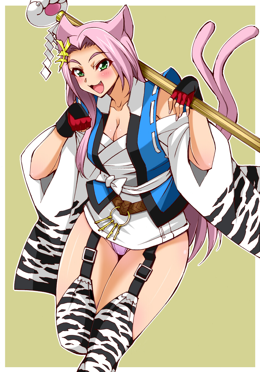 animal_ears, blush, breasts, cat_ears, cat_tail, cleavage, fingerless_gloves, gabayo