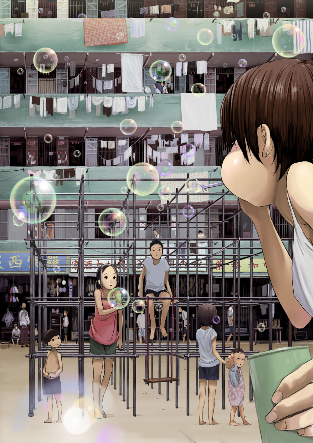black_hair, blowing, blowing_bubbles, brown_hair, bubble, bubble_blowing, child, domo1220