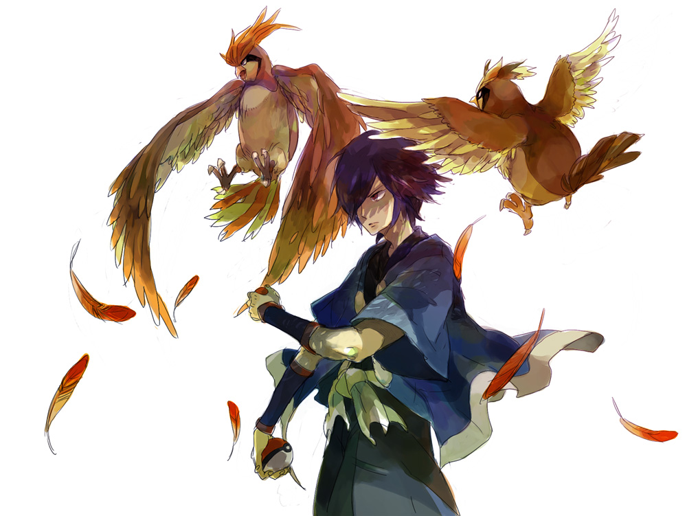 bad_id, blue_hair, feathers, flying, frown, gohan_(memetomare), gym_leader, hayato_(pokemon)