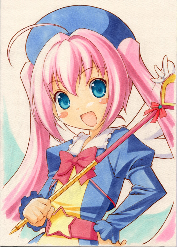 :d, ahoge, belt, blue_eyes, blush_stickers, bow, bust, hand_on_hip