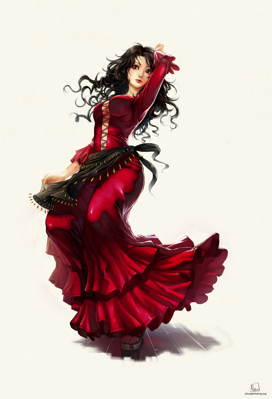 black_hair, breasts, center_opening, cleavage, curly_hair, dancing, dress, feet, frills, gypsy, highres, large_breasts, lipstick, long_hair, makeup, multicolored_hair, navel, original, phungdinhdung, platform_footwear, red_dress, red_eyes, red_hair, redhead, sandals