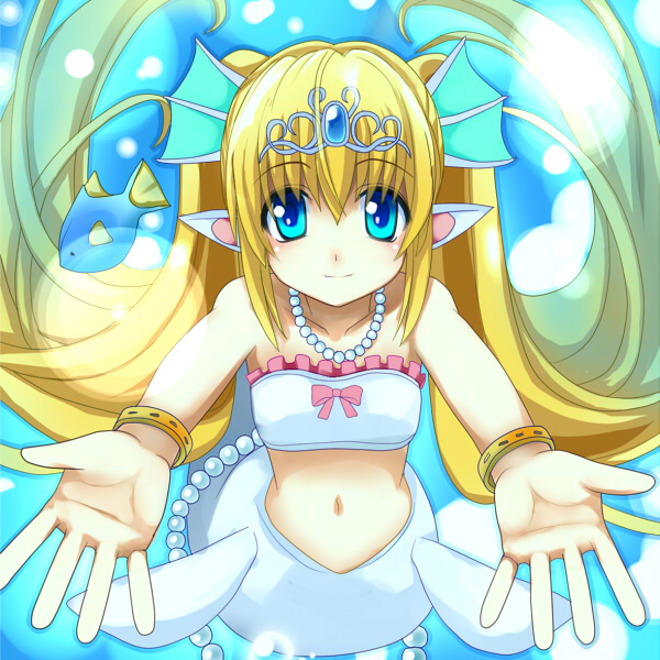 bare_shoulders, blonde_hair, blue_eyes, bracelet, circlet, fins, fish, frills