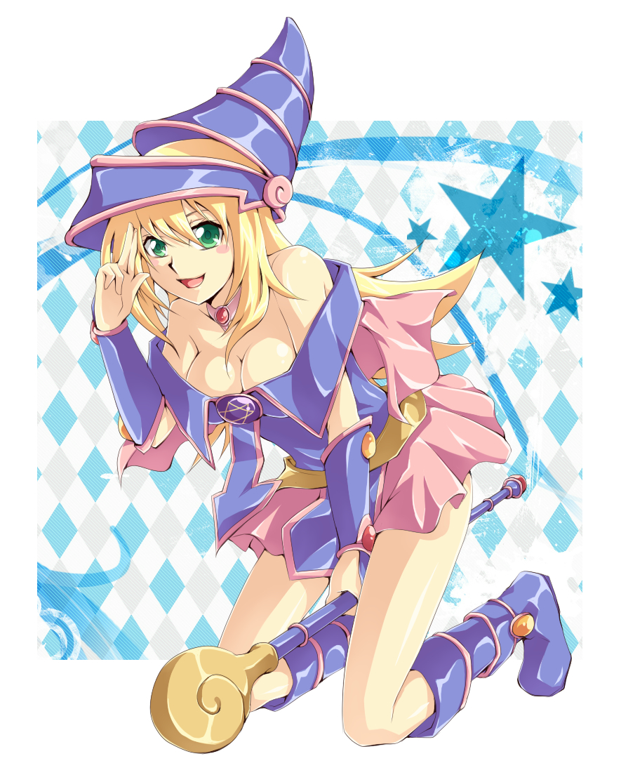 argyle, argyle_background, bare_shoulders, blonde_hair, blue_background, blush_stickers, boots, breasts