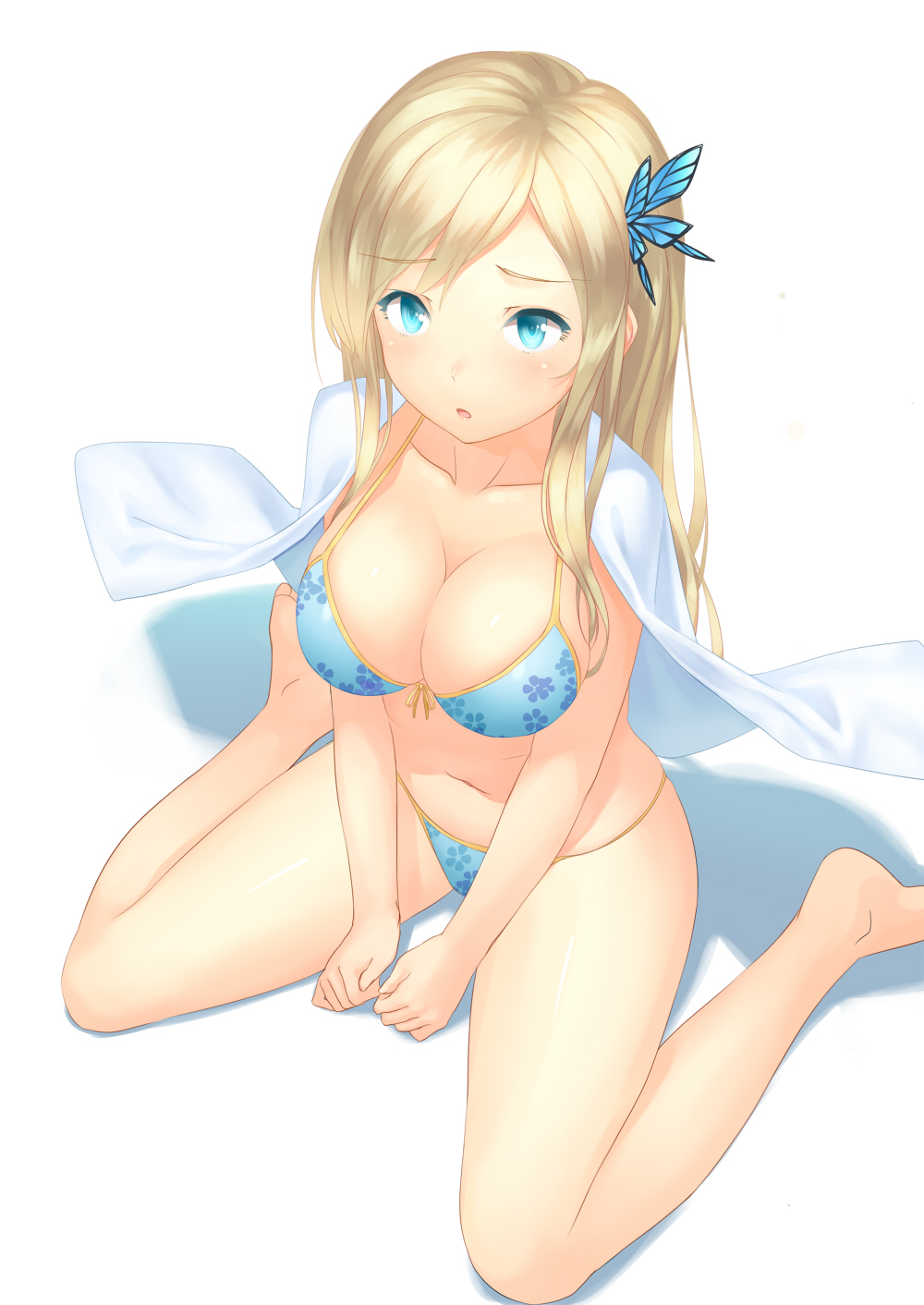 :o, ac_(eshi), bad_id, bare_legs, barefoot, bikini, blonde_hair, blue_eyes
