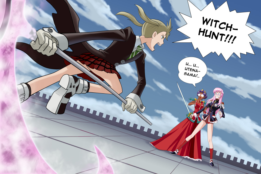 3girls, absurdres, bike_shorts, blazer, brown_hair, crossover, dress, english