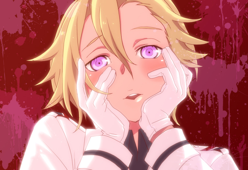 blonde_hair, daryl_yan, face, gloves, guilty_crown, hands_on_face, hands_on_own_cheeks, hands_on_own_face, littlebird-idel, male, mirai_nikki, open_mouth, parody, solo, yandere_trance