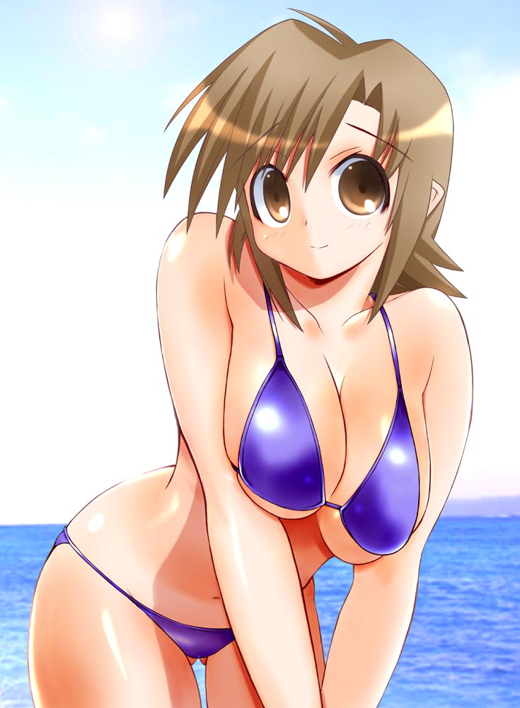 bikini, breasts, brown_eyes, brown_hair, cloud, ga_geijutsuka_art_design_class, large_breasts, navel