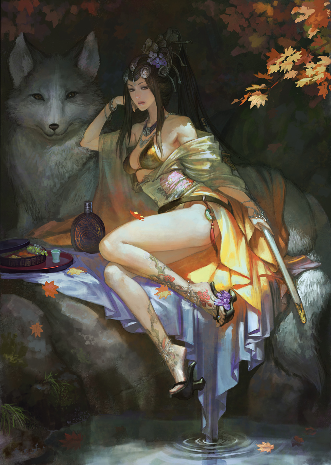 anklet, bare_shoulders, bottle, bra, breasts, brown_eyes, brown_hair, food, hair_ornament, highres, jewelry, leaf, lingerie, long_hair, long_legs, original, ponytail, solo, sword, tattoo, toe_ring, tray, underwear, water, weapon, wolf, xiaji