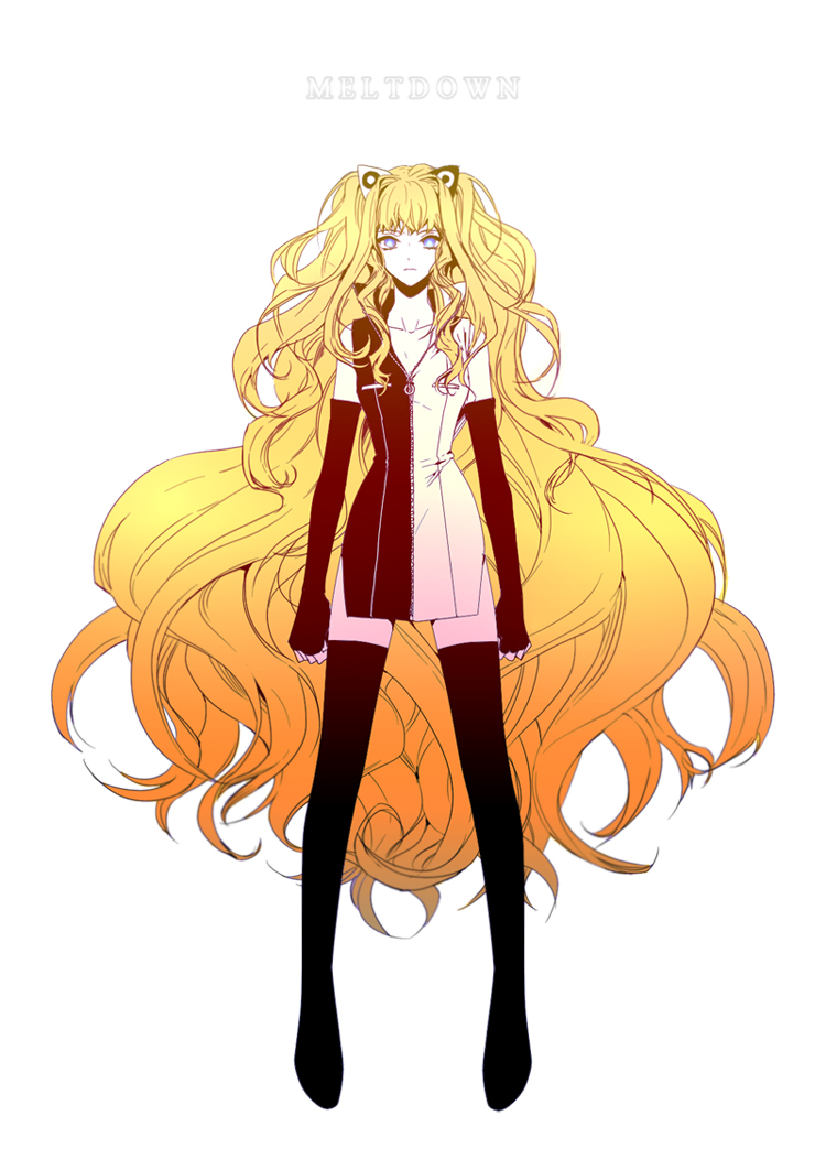 animal_ears, blonde_hair, blue_eyes, elbow_gloves, female, fingerless_elbow_gloves, fingerless_gloves, gloves, gradient_hair, igwa, long_gloves, long_hair, looking_at_viewer, roshin_yuukai_(vocaloid), seeu, simple_background, solo, thigh-highs, thighhighs, very_long_hair, vocaloid, zettai_ryouiki, zipper