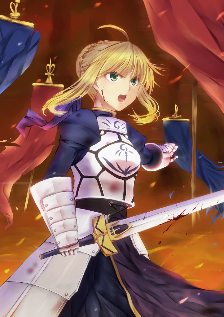 ahoge, armor, armored_dress, blonde_hair, blood, blood_on_face, dress, excalibur
