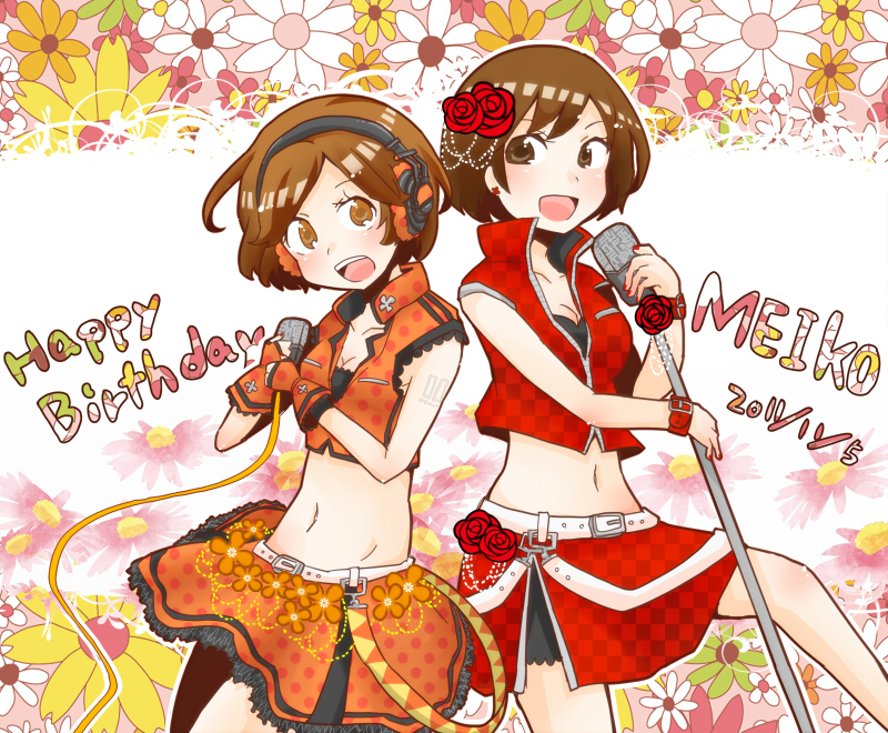 breasts, brown_eyes, brown_hair, cable, checkered, cleavage, crop_top, dual_persona