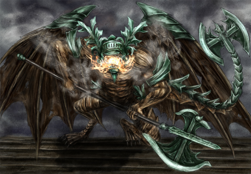 belfry_gargoyle, bell_gargoyle, dark_souls, fire, helmet, huge_weapon, tail, weapon