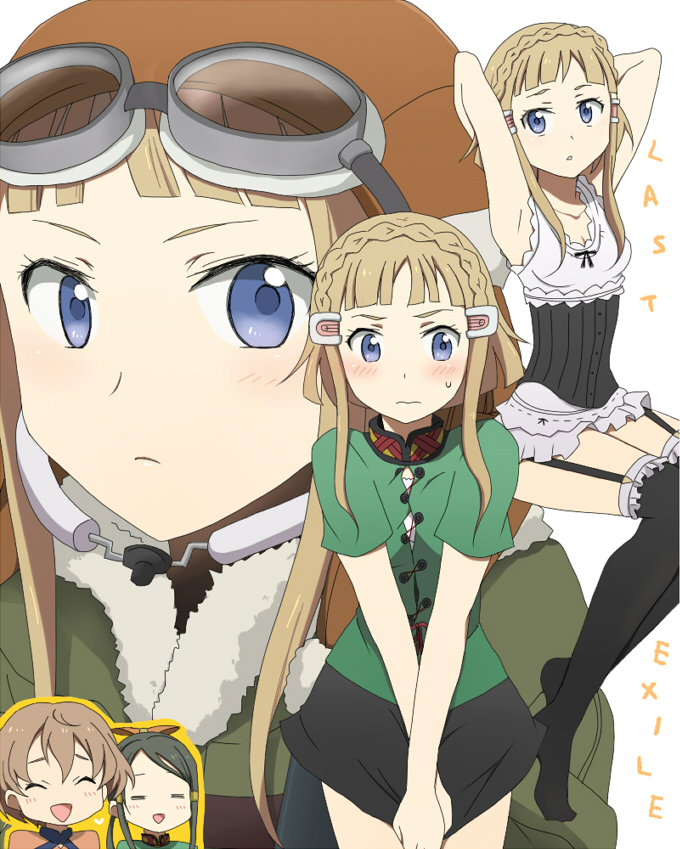 armpits, black_hair, blonde_hair, blue_eyes, blush, bomber_jacket, brown_hair, bustier, closed_eyes, fam_fan_fan, giselle_collette_vingt, goggles, i_yoru_ko, last_exile, last_exile:_ginyoku_no_fam, milia_il_velch_cutrettola_turan, millia_il_velch_cutrettola_turan, nanananona, short_hair, skirt, smile, thigh-highs, thighhighs