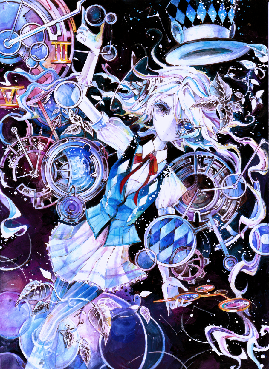 bibinko, clock, gears, hat, highres, original, plant, skirt
